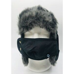 Cold Front Winter Hat Boys Size 8-16 Black Gray Faux Fur Mouth Cover Fleece Line